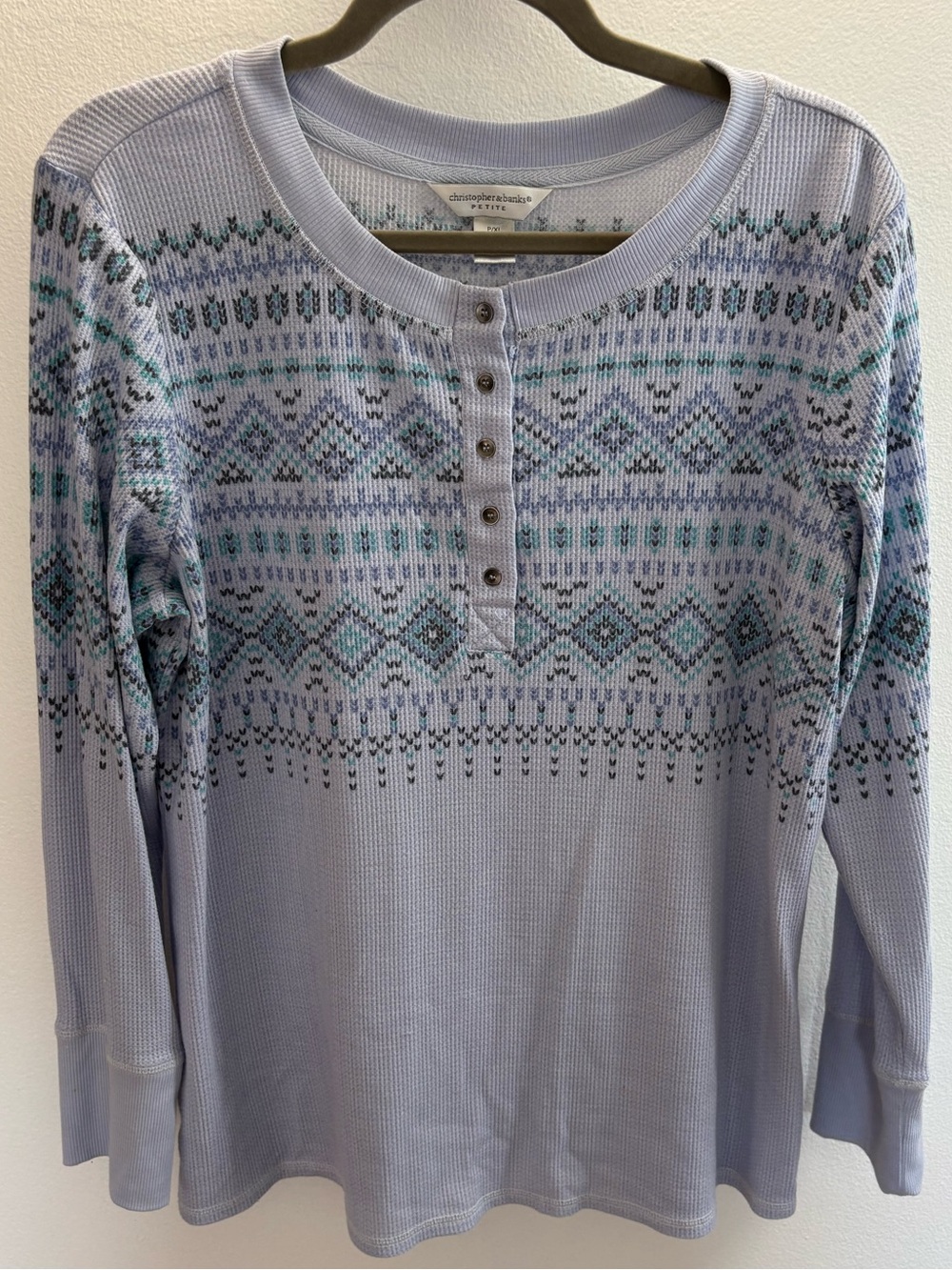 Christopher & Banks Blue Fair Isle Waffle Knit Henley Shirt XLP